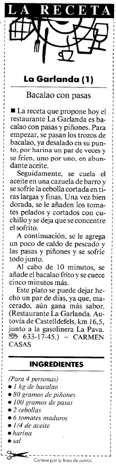 Recepta de bacall� amb passes del restaurant 'La Garlanda' de Gav� Mar publicada al diari LA VANGUARDIA (4 Abril 1999)